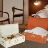 Vixdonos Decorative Large Metal Box Storage Trunk Chest Set of 2 College Dorm Organizer with Hardware Hasps and Handle for Home Deocr,23.7X14.2X9.5 Inches(Beige and Orange) - Image 5