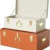 Vixdonos Decorative Large Metal Box Storage Trunk Chest Set of 2 College Dorm Organizer with Hardware Hasps and Handle for Home Deocr,23.7X14.2X9.5 Inches(Beige and Orange) - Image 2