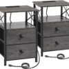 AMHANCIBLE Night Stand Set 2, Nightstand with Charging Station, End Tables Living Room with USB Ports and Outlets, Bedside Tables with Fabric Drawers for Bedroom, Dark Grey HET05XDG - Image 2
