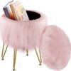 Vanity Stool Chair with Storage, Faux Fur Makeup Room Seat Stool, Soft Padded Seat, Round Footrest Footstools with 4 Metal Legs & Adjustable Footings, Vanity, Bathroom, Bedroom Chairs Pink - Image 2