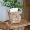 Woven Water Hyacinth Storage Basket Wastebasket Straw Storage Basket Decorative Storage Basket with Wood Handles for Kitchen, Home, Office, Craft, Laundry, Utility Room - Image 9