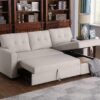 82" Sleeper Couch with Pull Out Bed,L-Shape Upholstered Sectional Small Sofa W/Storage Chaise,Tufted Backrest Design,3 Seat Linen Convertible Sofas for Living Room Apartment Office,Beige - Image 2