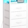 Yoobure Night Stand - LED White Nightstand with Charging Station, Bedside Table with 4 Storage Drawers and Storage Shelf, End Table with USB Ports and Outlets, Fabric Dresser for Bedroom - Image 2