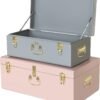 Vixdonos Decorative Metal Box Storage Trunks Set of 2 College Dorm Chest with Lock Hole,23.7X14.2X9.5 Inches(Grey and Pink) - Image 2