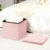 B FSOBEIIALEO Storage Ottoman Cube, Velvet Tufted Folding Ottomans with Lid, Footstool Rest Padded Seat for Bedroom (Pink, Medium) - Image 3