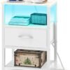 Yoobure White Night Stand with Charging Station, LED Nightstand for Bedroom, Bedside Tables with Adjustable Fabric Drawer, 3-Tier End Table Living Room, Small Side Table with Storage - Image 2