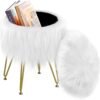 Vanity Stool Chair with Storage, Faux Fur Makeup Room Seat Stool, Soft Padded Seat, Round Footrest Footstools with 4 Metal Legs & Adjustable Footings, Vanity, Bathroom, Bedroom Chairs White - Image 2