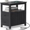 VASAGLE Side Table with Charging Station, Narrow Nightstand with 2 Drawers, Living Room End Table with Storage, for Small Spaces, Coastal Style, Charcoal Gray ULET322B22 - Image 2
