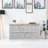 ZENY Extra Wide Dresser Storage Tower - Storage Tower Unit for Bedroom, Hallway, Closet, Office Organization - Steel Frame, Wood Top, Easy Pull Fabric Bins - 5 Drawers (Natural + Light Grey) - Image 9