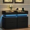 2pcs Nightstand with Charging Station and LED Lights, Night Stand with Sliding Top, Modern End Side Table with 2 Drawers, Bedside Table for Bedroom, Living Room, Office - Image 2
