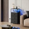 WLIVE LED Nightstand with Charging Station, Black Night Stand with 3 Fabric Drawers and Storage Shelf, Small Dresser for Small Space, Bedside Table with USB Ports and Outlets for Bedroom - Image 8