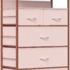 5 Drawers Dresser, Tall Dresser for Bedroom, Fabric Drawer Organizer Unit, Chest of Drawers with Hooks, Open Shelf for Closet, Living Room, Hallway, Entryway (Pink Wood Grain Print) - Image 9