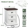 21" Tall Nightstand with 3 Drawers, Farmhouse 18" Wide End Table with Charging Station, Wood Rustic Side Table, Small Dresser Chest of Drawers for Bedroom, Living Room, Closet, White - Image 3