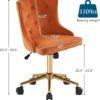 VINGLI Orange Velvet Armless Home Office Desk Chair with Gold Base/Wheels, Small Cute Vanity/Makeup Chair with Back for Bedroom, Upholstered Adjustable Rolling Swivel Nail Chair for Women/Girls - Image 3