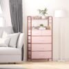 5 Drawers Dresser, Tall Dresser for Bedroom, Fabric Drawer Organizer Unit, Chest of Drawers with Hooks, Open Shelf for Closet, Living Room, Hallway, Entryway (Pink Wood Grain Print) - Image 4