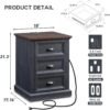 21" Tall Nightstand with 3 Drawers, Farmhouse 18" Wide End Table with Charging Station, Wood Rustic Side Table, Small Dresser Chest of Drawers for Bedroom, Living Room, Closet, Dark Grey - Image 3
