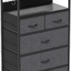 5 Drawers Dresser, Tall Dresser for Bedroom, Fabric Drawer Organizer Unit, Chest of Drawers with Hooks, Open Shelf for Closet, Living Room, Hallway, Entryway (Grey Wood Grain Print) - Image 10