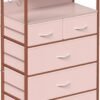 5 Drawers Dresser, Tall Dresser for Bedroom, Fabric Drawer Organizer Unit, Chest of Drawers with Hooks, Open Shelf for Closet, Living Room, Hallway, Entryway (Pink Wood Grain Print) - Image 10