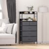 5 Drawers Dresser, Tall Dresser for Bedroom, Fabric Drawer Organizer Unit, Chest of Drawers with Hooks, Open Shelf for Closet, Living Room, Hallway, Entryway (Grey Wood Grain Print) - Image 4