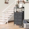 5 Drawers Dresser, Tall Dresser for Bedroom, Fabric Drawer Organizer Unit, Chest of Drawers with Hooks, Open Shelf for Closet, Living Room, Hallway, Entryway (Grey Wood Grain Print) - Image 5