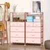 5 Drawers Dresser, Tall Dresser for Bedroom, Fabric Drawer Organizer Unit, Chest of Drawers with Hooks, Open Shelf for Closet, Living Room, Hallway, Entryway (Pink Wood Grain Print) - Image 6