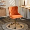 VINGLI Orange Velvet Armless Home Office Desk Chair with Gold Base/Wheels, Small Cute Vanity/Makeup Chair with Back for Bedroom, Upholstered Adjustable Rolling Swivel Nail Chair for Women/Girls - Image 2