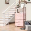 5 Drawers Dresser, Tall Dresser for Bedroom, Fabric Drawer Organizer Unit, Chest of Drawers with Hooks, Open Shelf for Closet, Living Room, Hallway, Entryway (Pink Wood Grain Print) - Image 5
