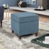 Adeco 17" Square Ottoman with Storage- Small Storage Ottoman Foot Rest with Hinged Lid- Blue Faux Linen Fabric Upholstered Footstool with Sturdy Wood Legs - Image 5