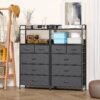 5 Drawers Dresser, Tall Dresser for Bedroom, Fabric Drawer Organizer Unit, Chest of Drawers with Hooks, Open Shelf for Closet, Living Room, Hallway, Entryway (Grey Wood Grain Print) - Image 6