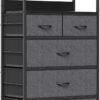 5 Drawers Dresser, Tall Dresser for Bedroom, Fabric Drawer Organizer Unit, Chest of Drawers with Hooks, Open Shelf for Closet, Living Room, Hallway, Entryway (Grey Wood Grain Print) - Image 8