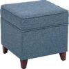 Adeco 17" Square Ottoman with Storage- Small Storage Ottoman Foot Rest with Hinged Lid- Blue Faux Linen Fabric Upholstered Footstool with Sturdy Wood Legs - Image 2